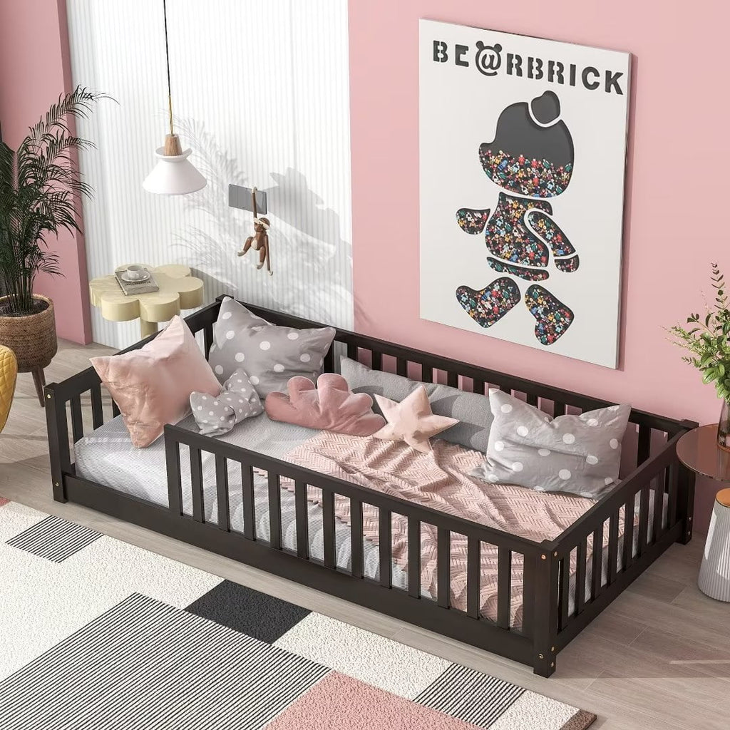 White Full Size Floor Bed with Fence Guardrails and Roof I933509