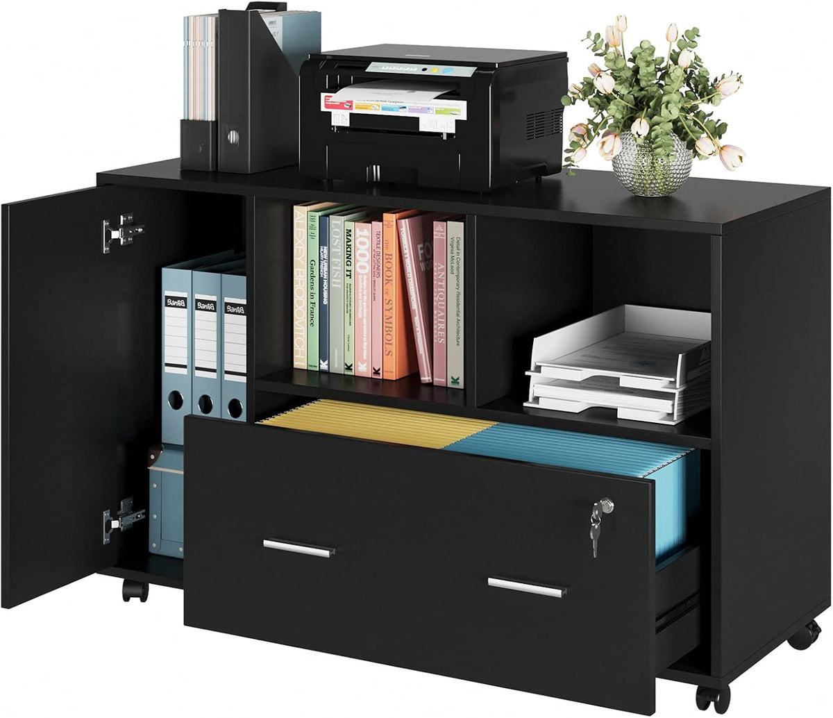 Black Wood File Cabinet with Drawers and Lock I6292