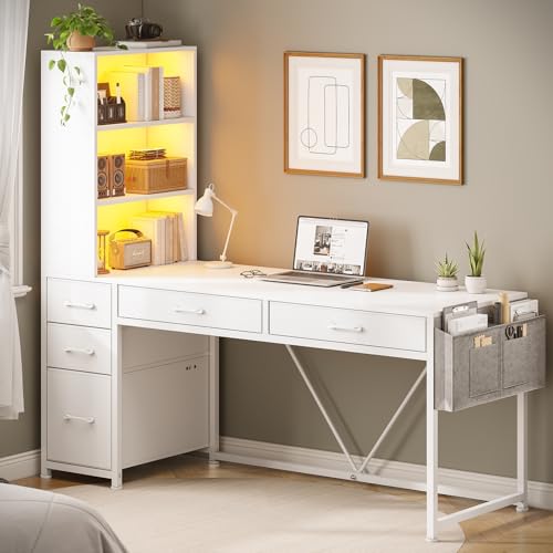 White Computer Desk with 5 Drawers and Bookshelf T11606
