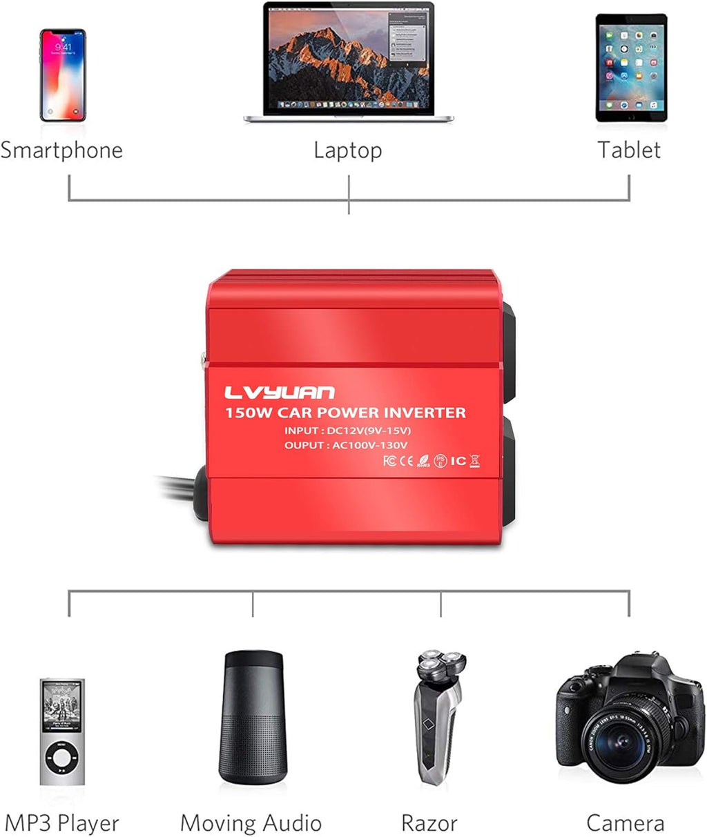 150W Car Power Inverter 12V to 110V AC with Dual USB L10290