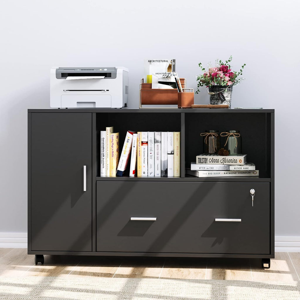 Black Wood File Cabinet with Drawers and Lock I6292