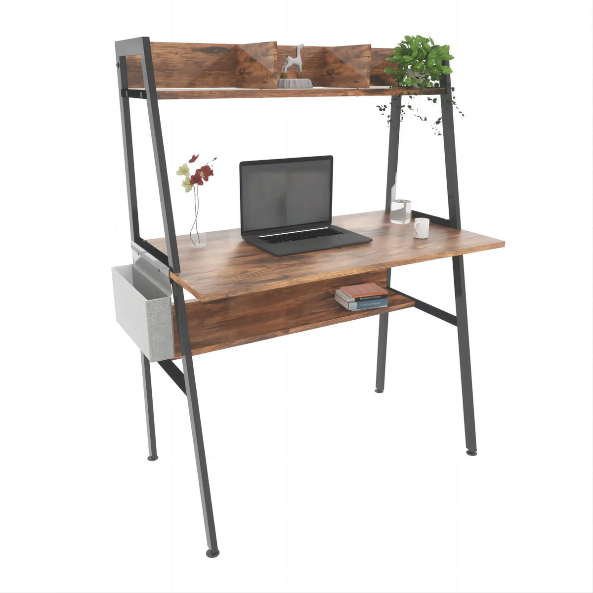 Brown Computer Desk with Hutch and Storage Shelves Q677