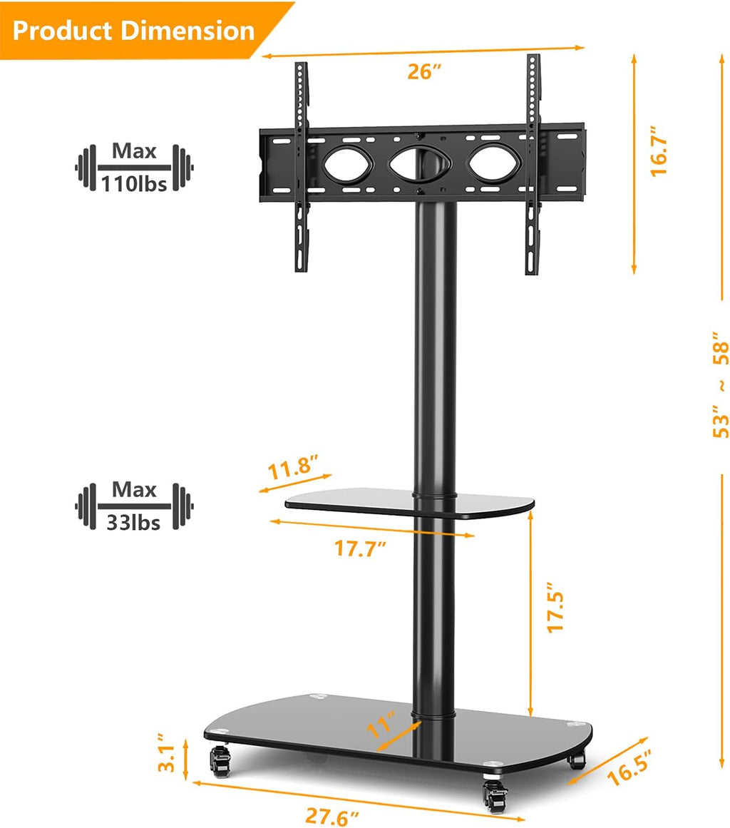 Rolling TV Cart Mobile TV Stand with Lockable Caster Wheels and Tempered Glass Shelves B5544