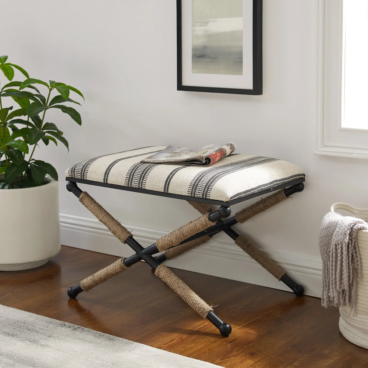 Black and Neutral Linen Stripe Ottoman Q338994