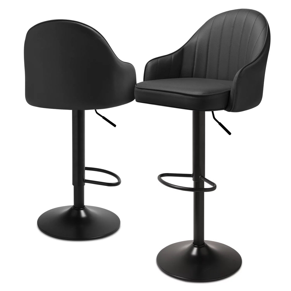 Set of 2 Adjustable Height Black Faux Leather Swivel Bar Stools C9372