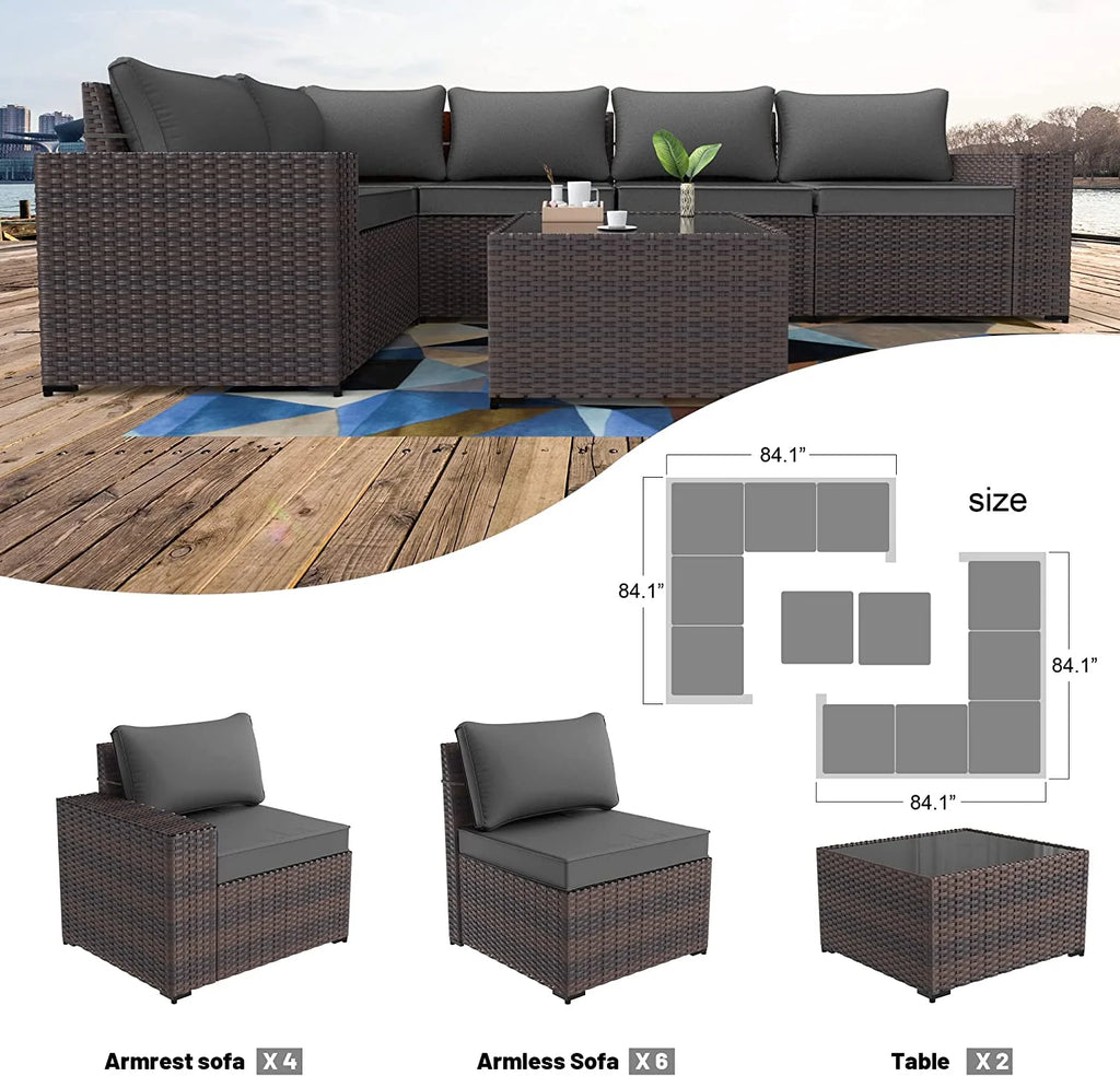 Brown 6 Pieces PE Rattan Wicker Sectional Sofa Set with Navy Blue Cushions and Tempered Glass Table V319402