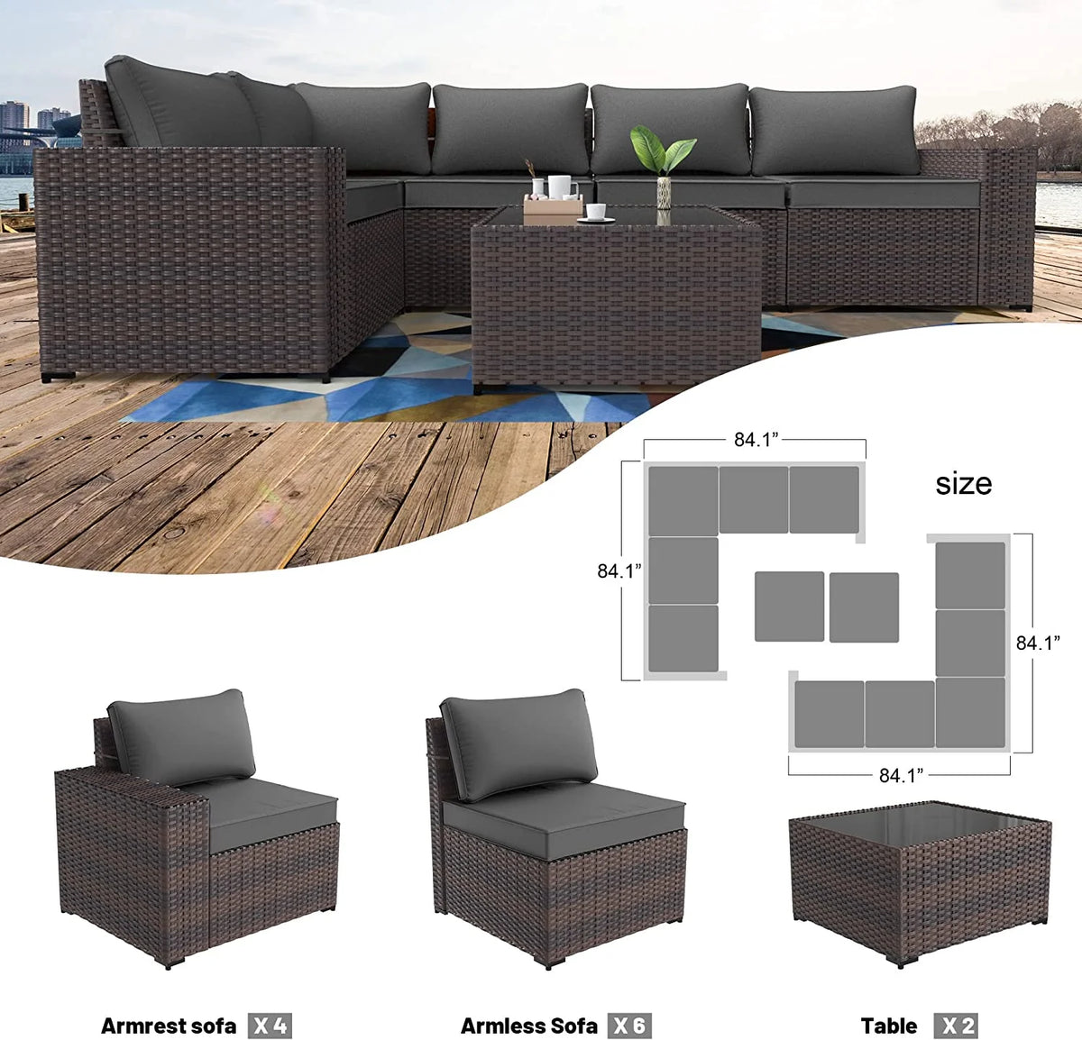 Brown 6 Pieces PE Rattan Wicker Sectional Sofa Set with Navy Blue Cushions and Tempered Glass Table V319402