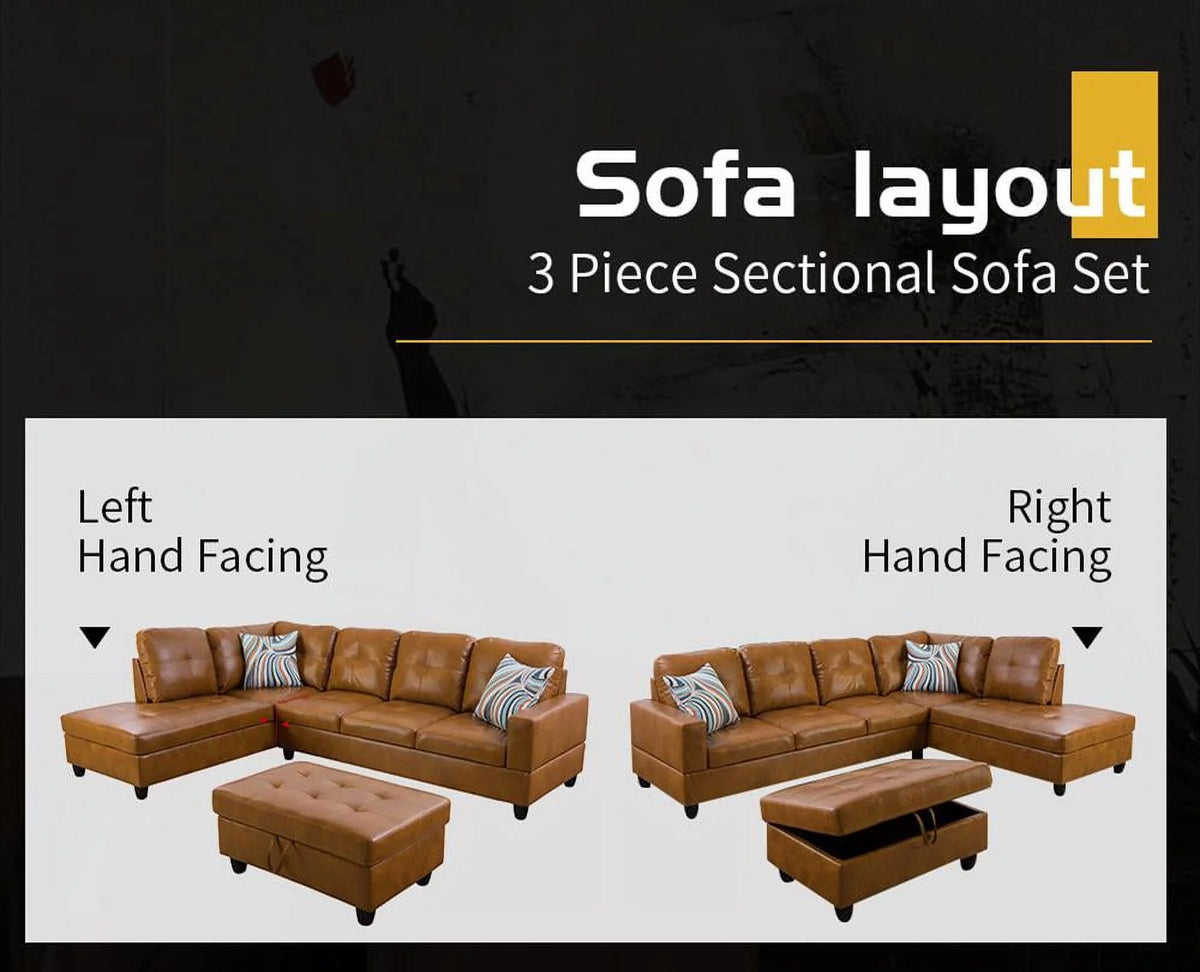 103.50" Wide Ginger Faux Leather Sectional with Ottoman Left Hand Facing E5891