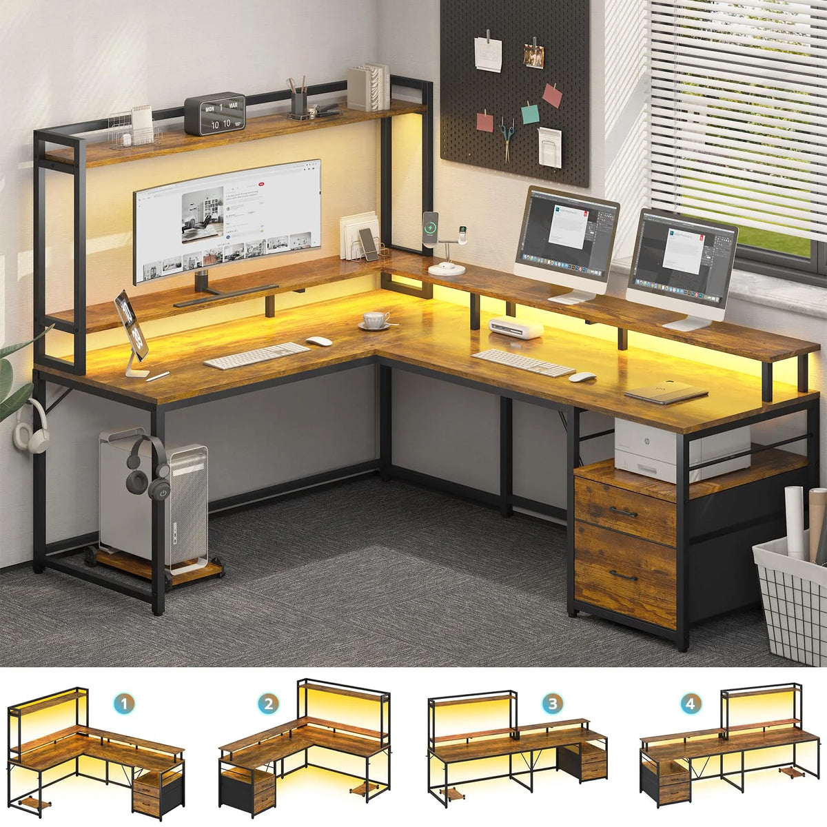 L Shaped Desk with Hutch, File Drawers, Keyboard Tray, Monitor Stand, Storage Shelves, Rustic Brown J586112