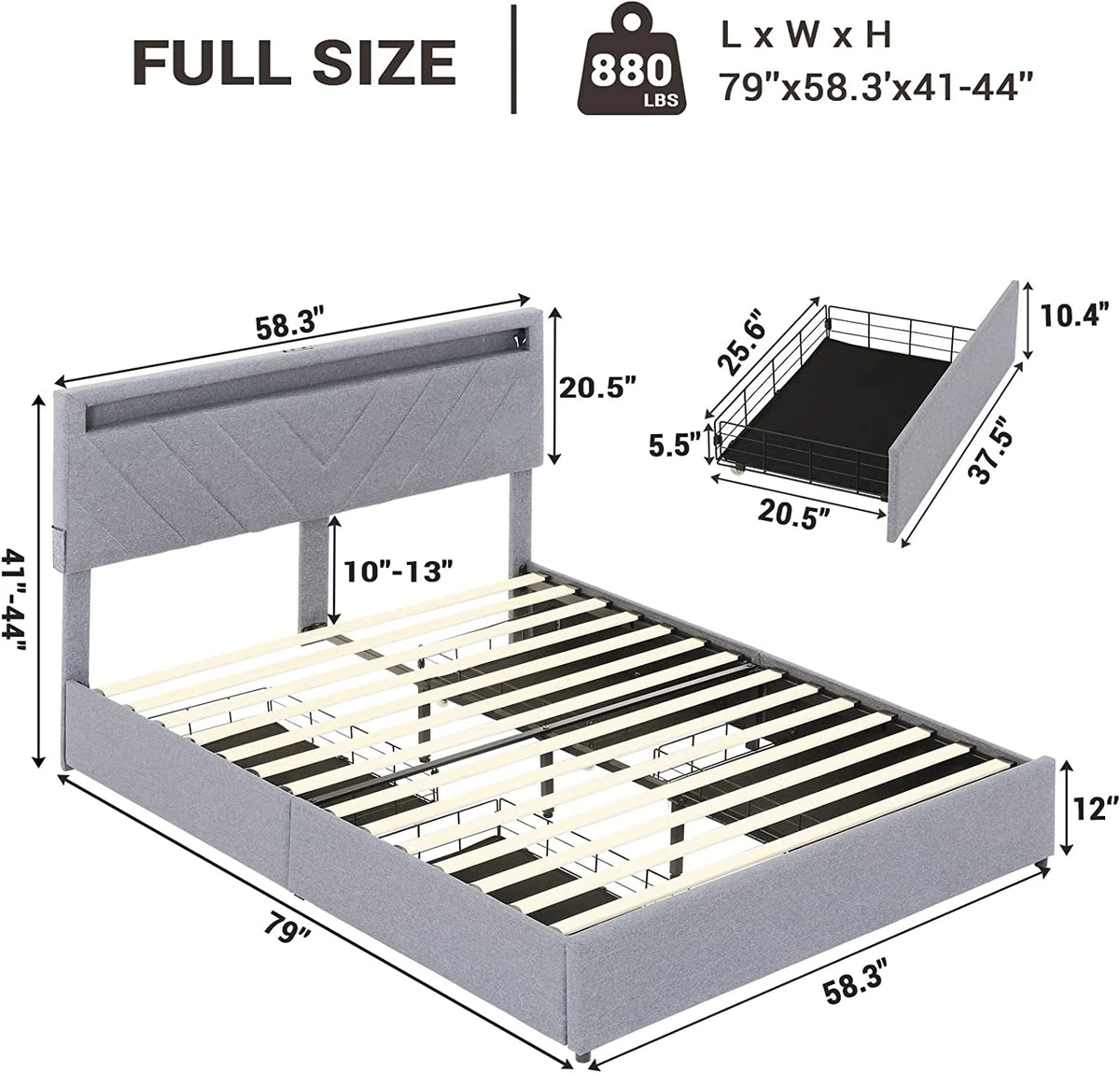 Queen Size LED Upholstered Platform Bed Frame with Drawers N851