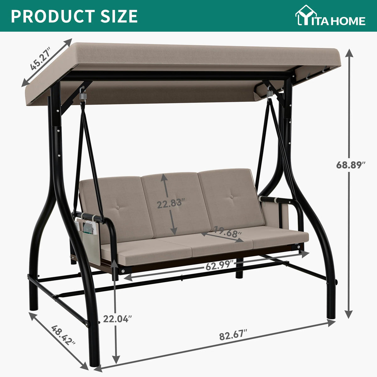 3 Person Patio Swing Chair with Adjustable Canopy and Removable Cushion W833