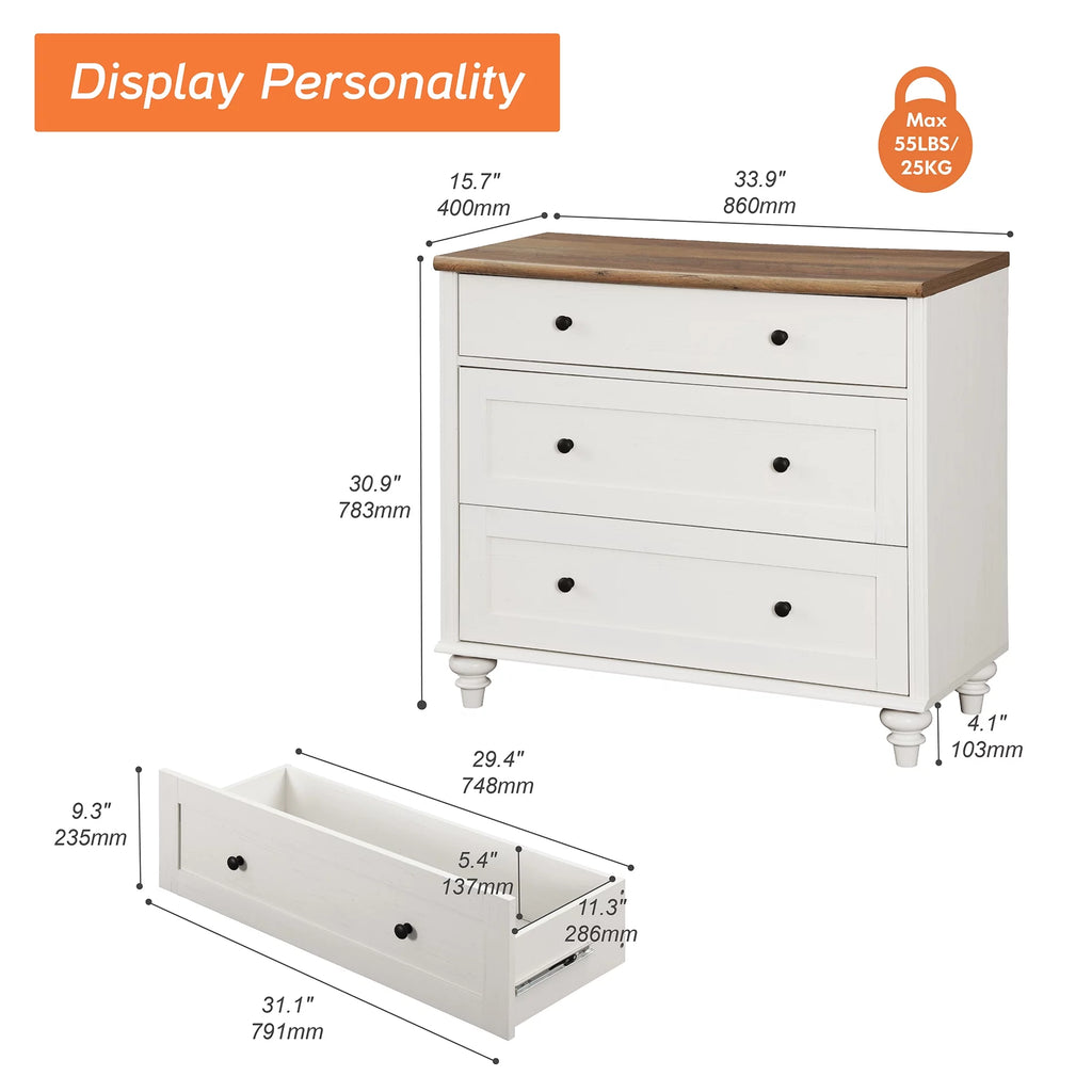 White 3 Drawer Wood Dresser P65167