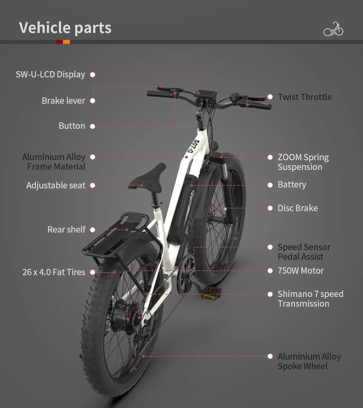 750W Electric Bike Fat Tire 48V 13AH Removable Lithium Battery White U160191
