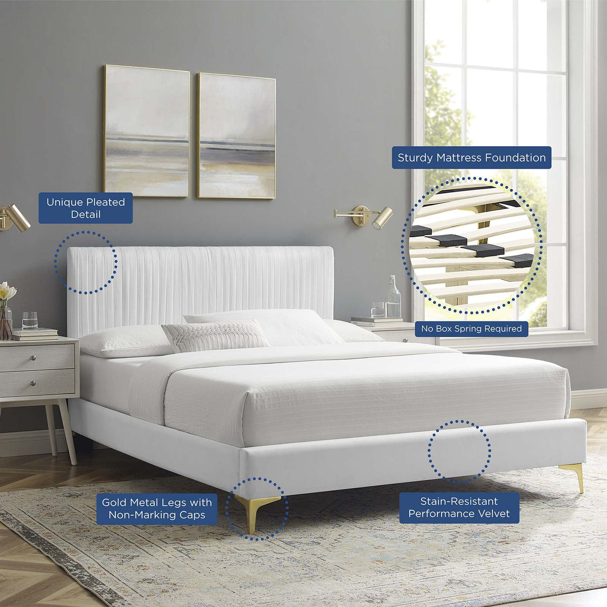 White Velvet Twin Size Platform Bed Frame L117584