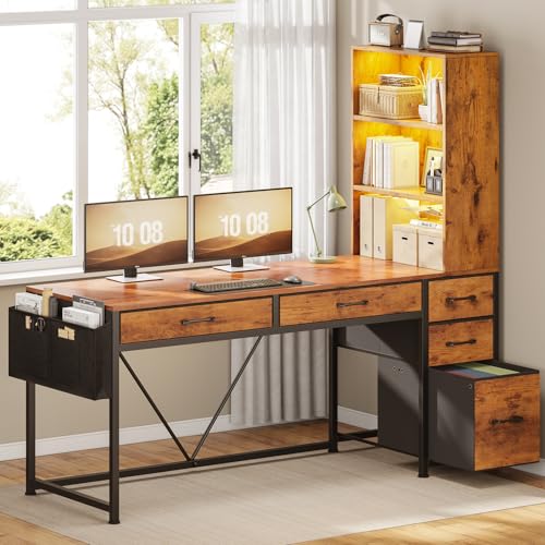 White Computer Desk with 5 Drawers and Bookshelf T11606