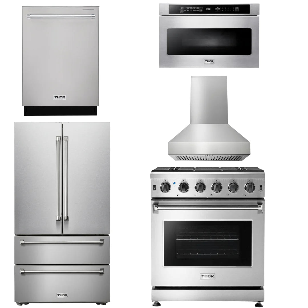 30 Propane Gas Range, Range Hood, Microwave, Refrigerator, Dishwasher C6019
