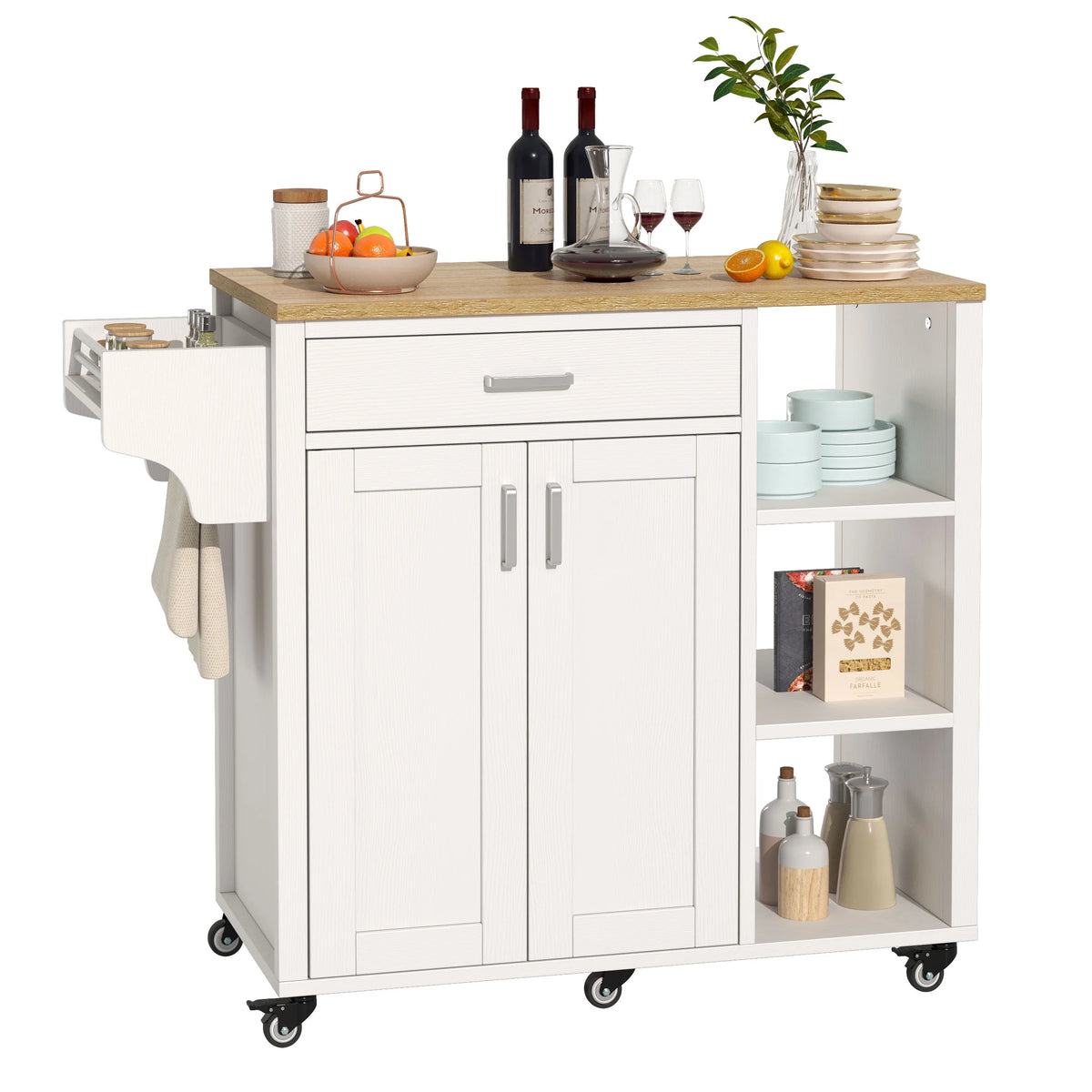 37" White Kitchen Island Cart with Storage Cabinet and Drawer Z969
