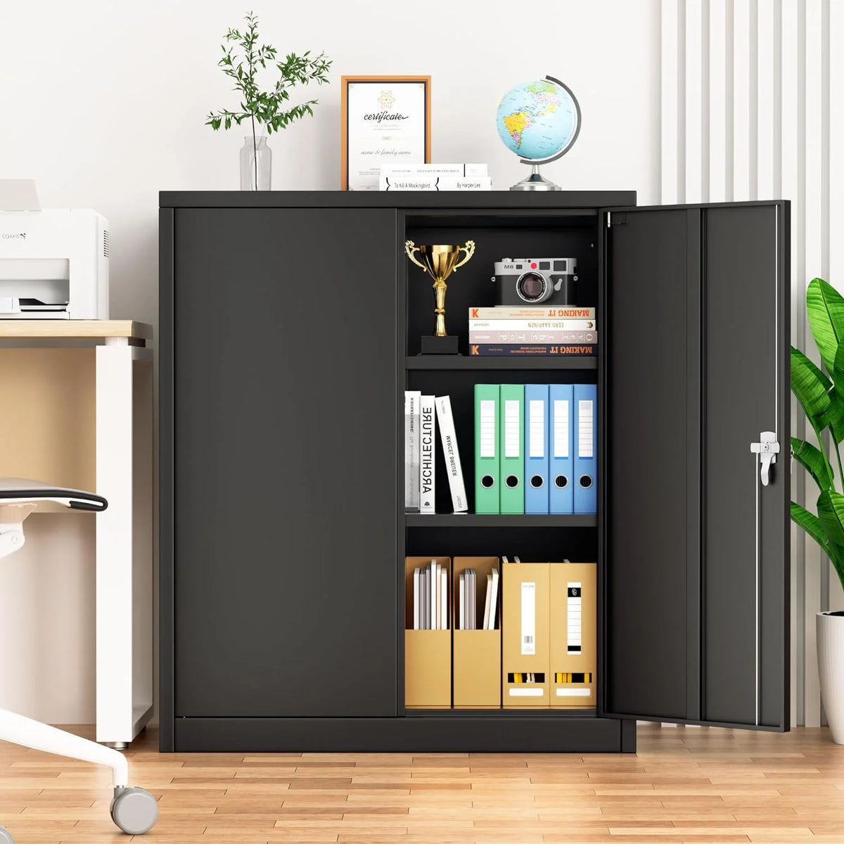 42 In Black Metal Storage Cabinet with Locking Doors and 2 Adjustable Shelves A600