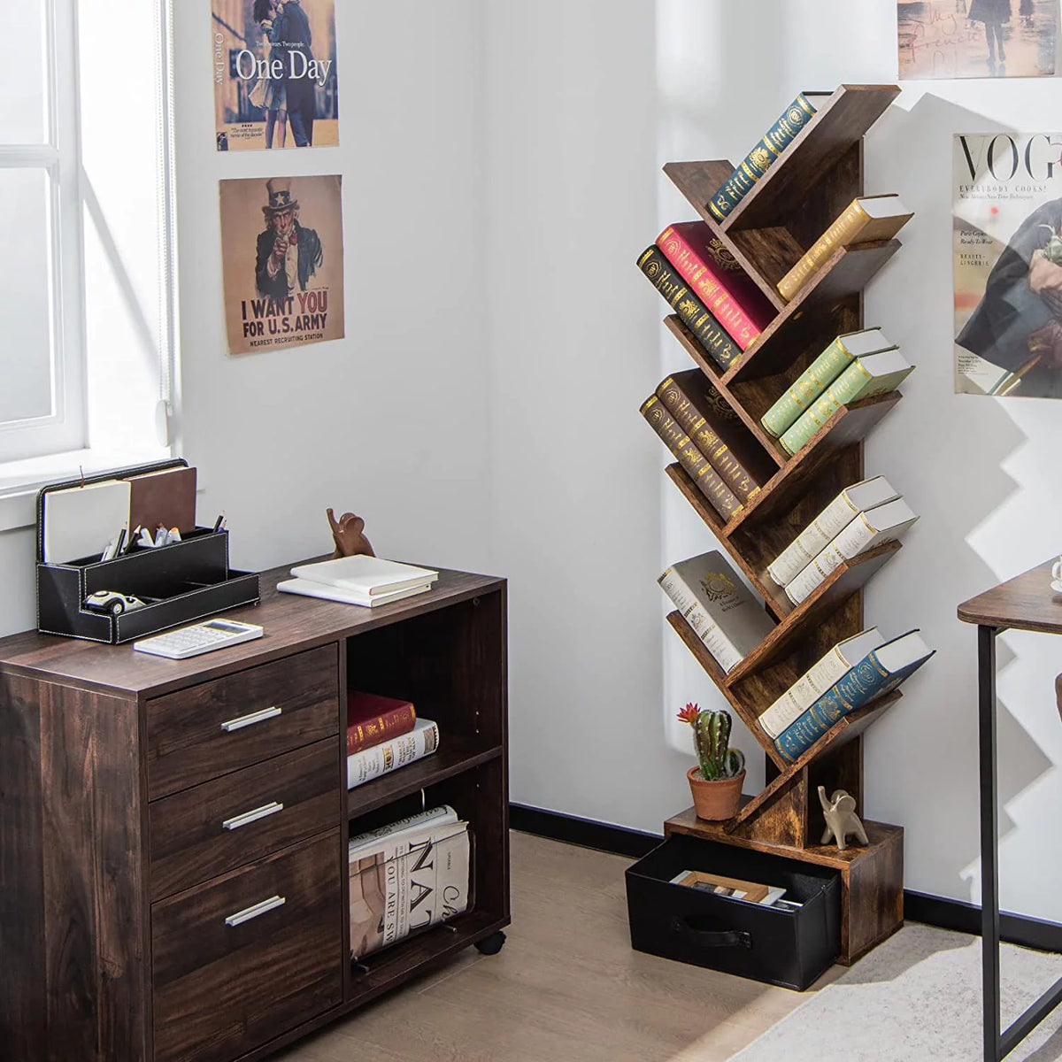 10 Shelf Wooden Bookshelf with Drawer J533