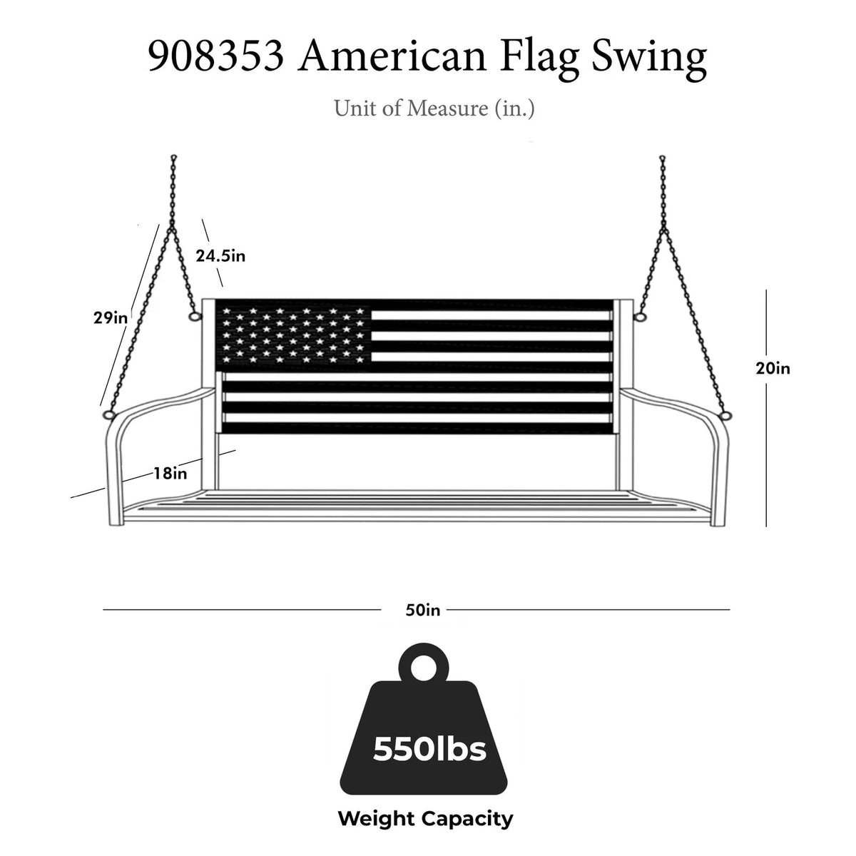 American Flag Outdoor Porch Swing with Hanging Chains L5603