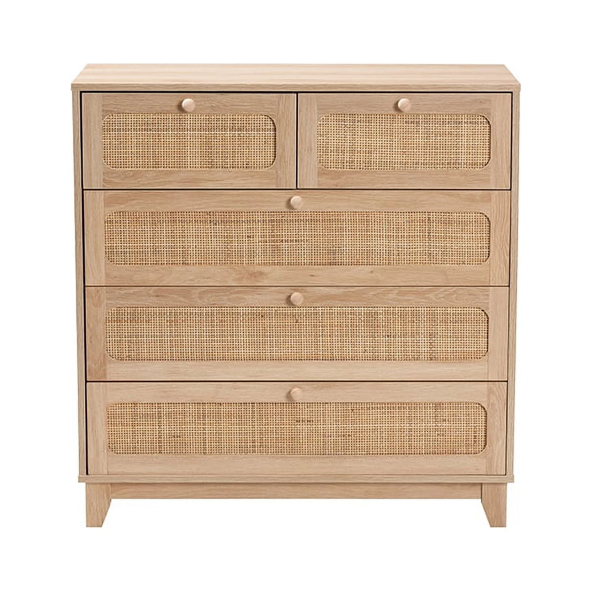Oak Brown Wood and Natural Rattan 5-Drawer Storage Cabinet J216890
