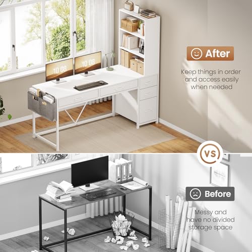 White Computer Desk with 5 Drawers and Bookshelf T11606