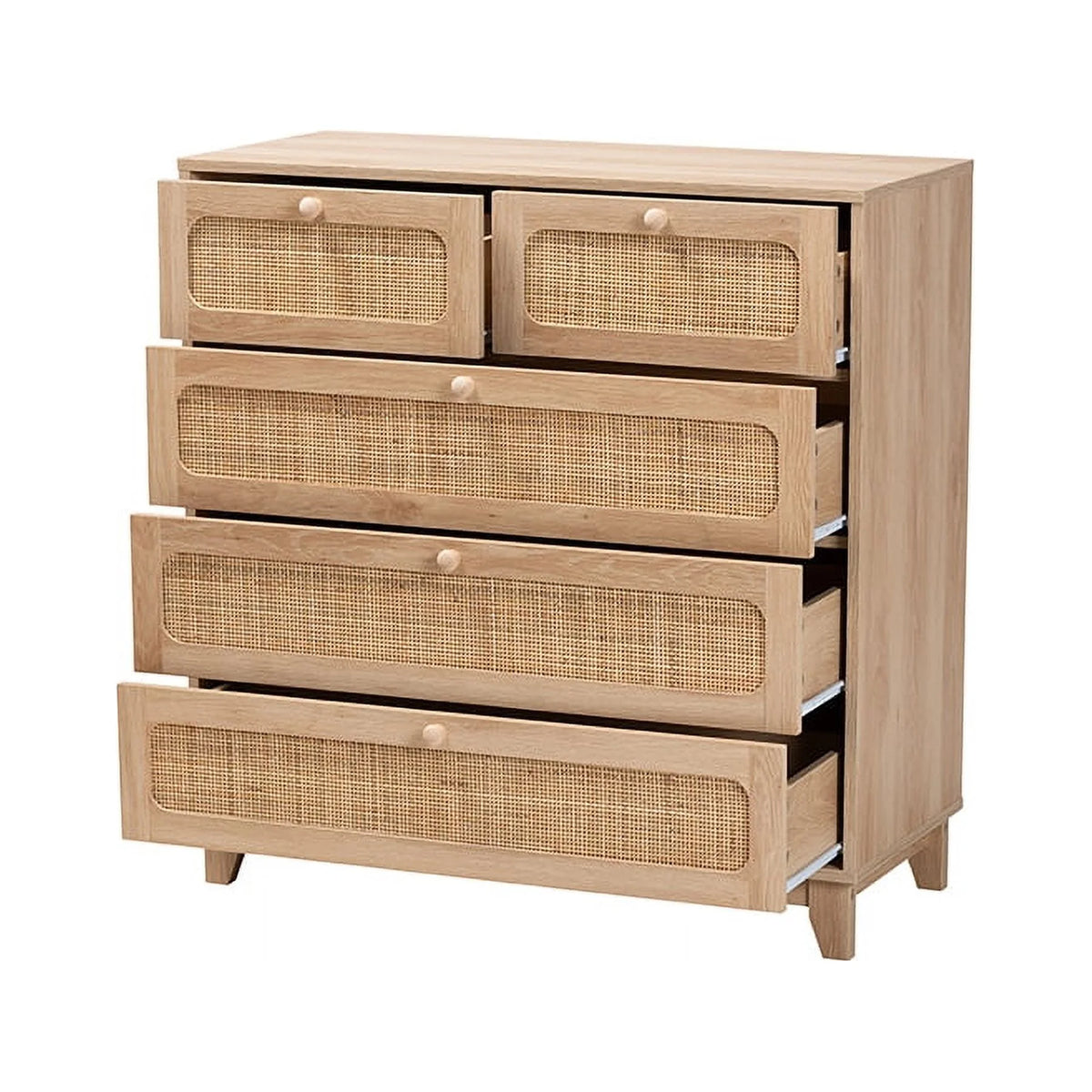 Oak Brown Wood and Natural Rattan 5-Drawer Storage Cabinet J216890
