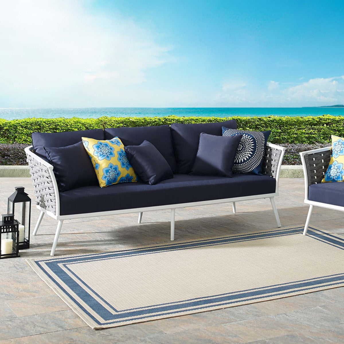 Navy Blue White Fabric Aluminum Sofa O979