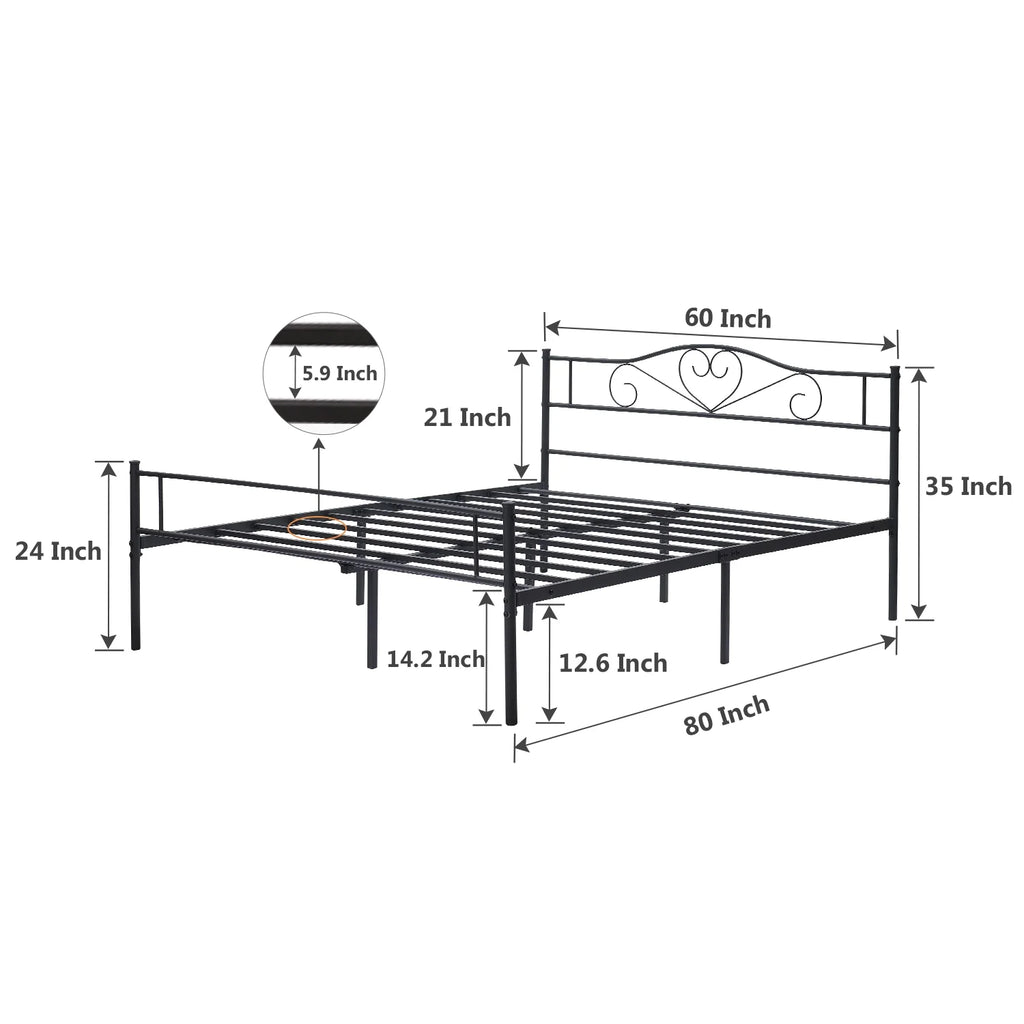 Queen Size Black Metal Platform Bed Frame with Headboard C1084