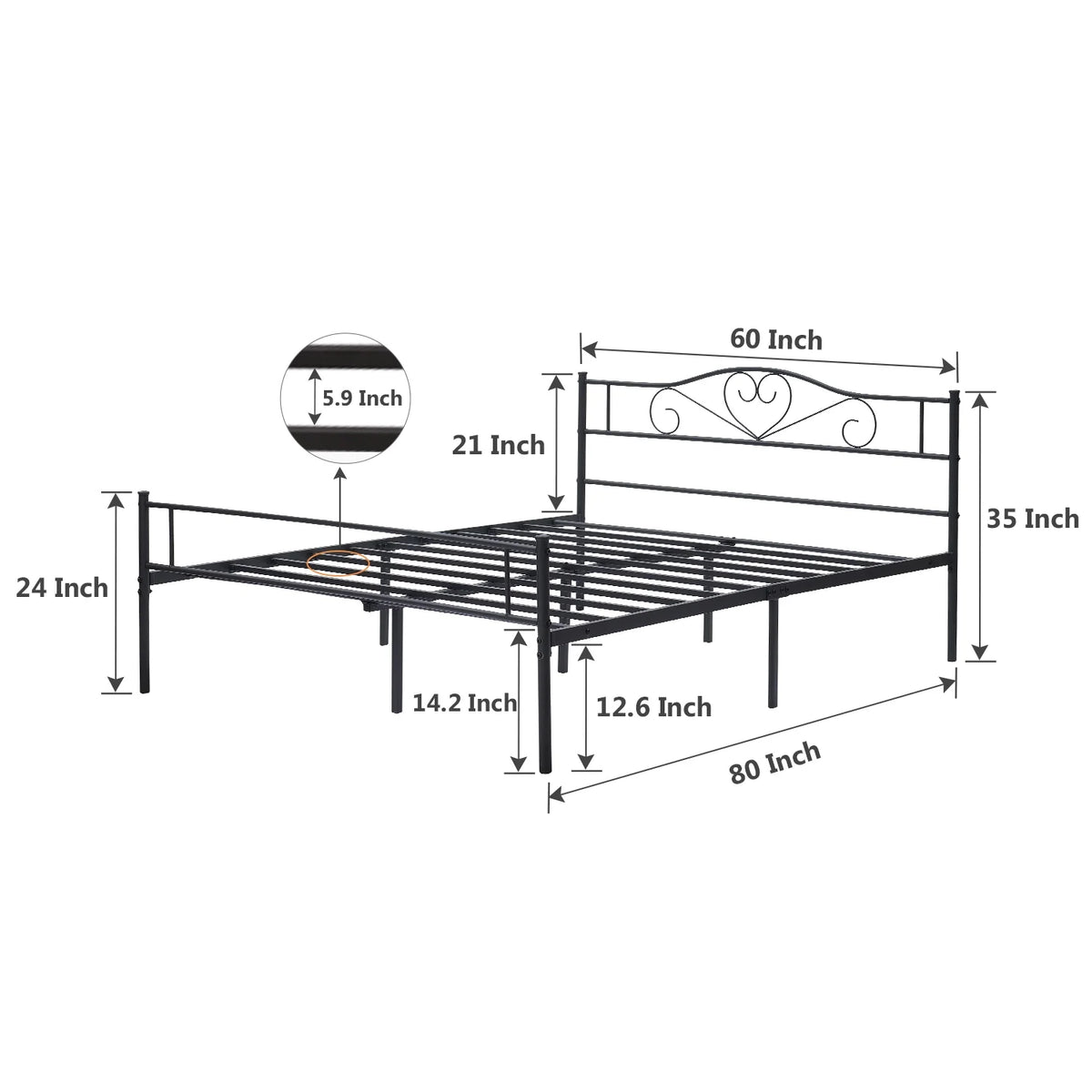 Queen Size Black Metal Platform Bed Frame with Headboard C1084