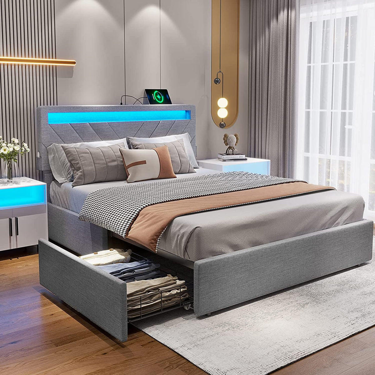 Queen Size LED Upholstered Platform Bed Frame with Drawers N851