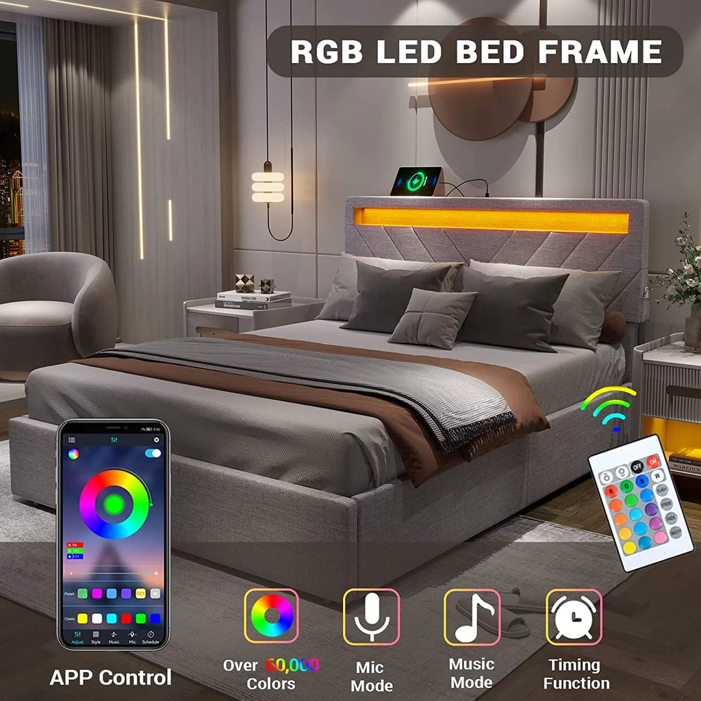 Queen Size LED Upholstered Platform Bed Frame with Drawers N851