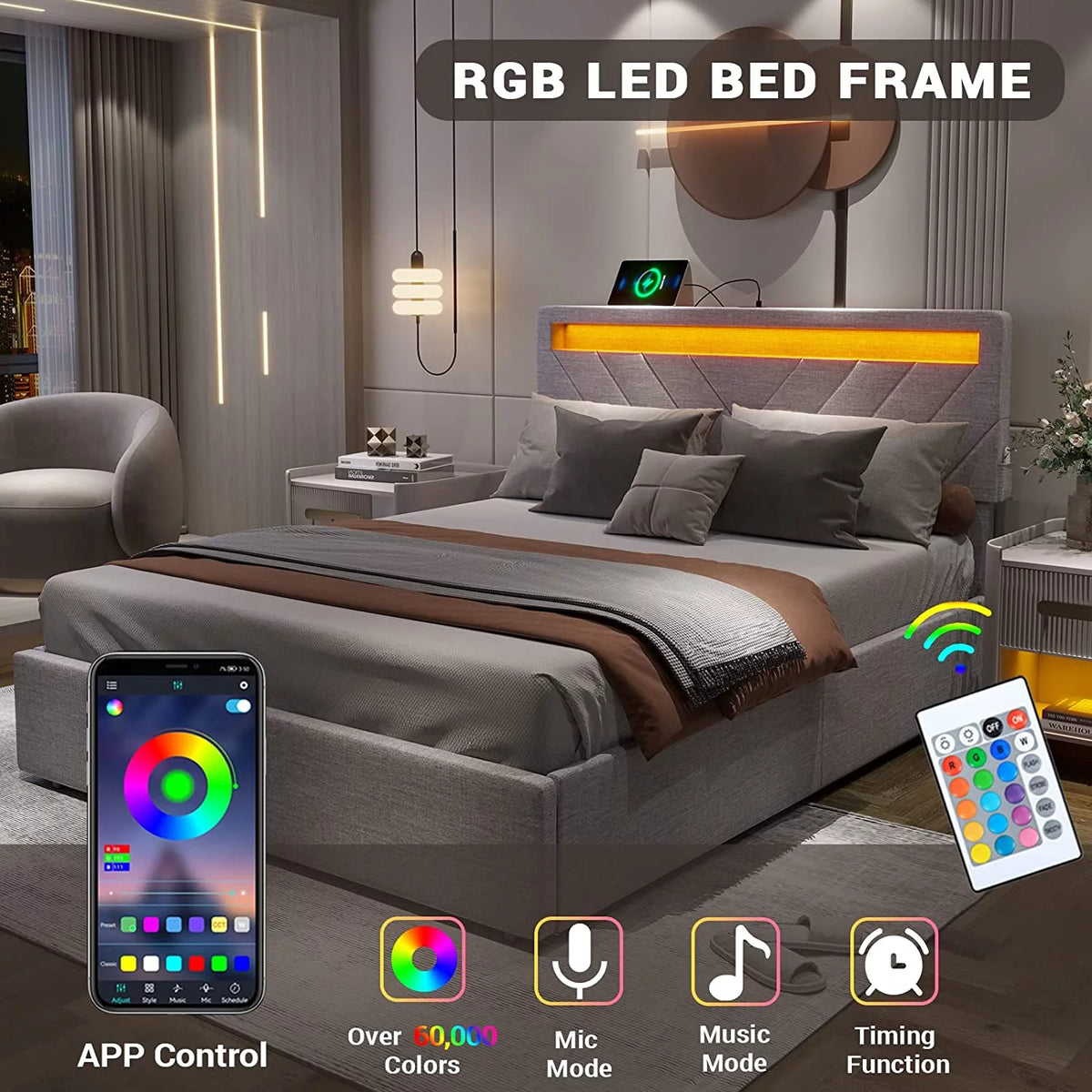 Queen Size LED Upholstered Platform Bed Frame with Drawers N851