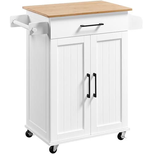 White Rolling Kitchen Cart with Bamboo Tabletop Q845