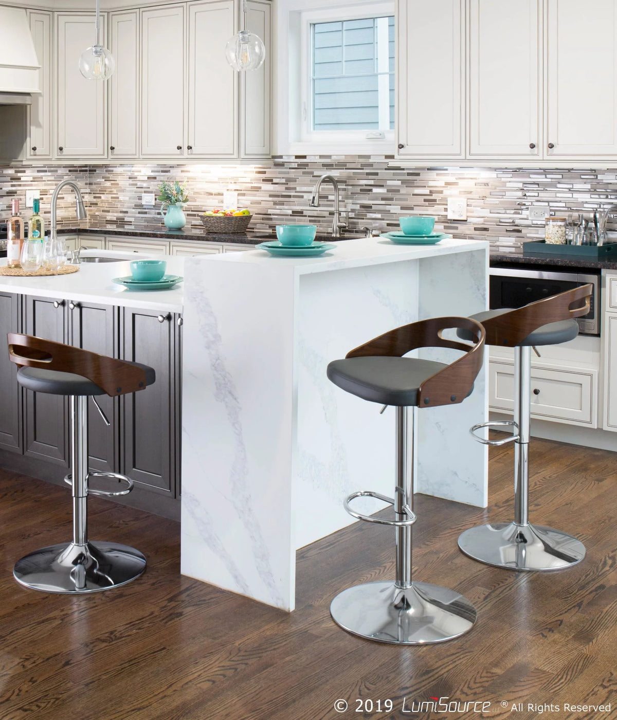 Adjustable Swivel Barstool in Walnut and Grey Faux Leather J144