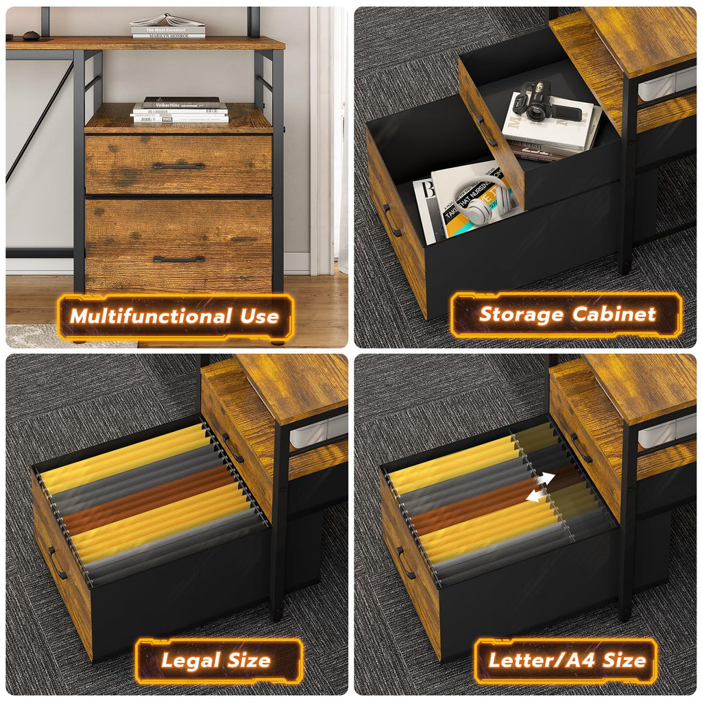 L Shaped Desk with Hutch, File Drawers, Keyboard Tray, Monitor Stand, Storage Shelves, Rustic Brown J586112