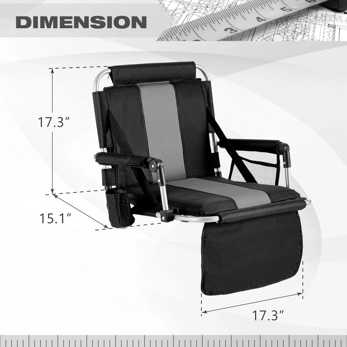 Folding Portable Stadium Seat Chair with Arm Rest, Black Grey Z4672