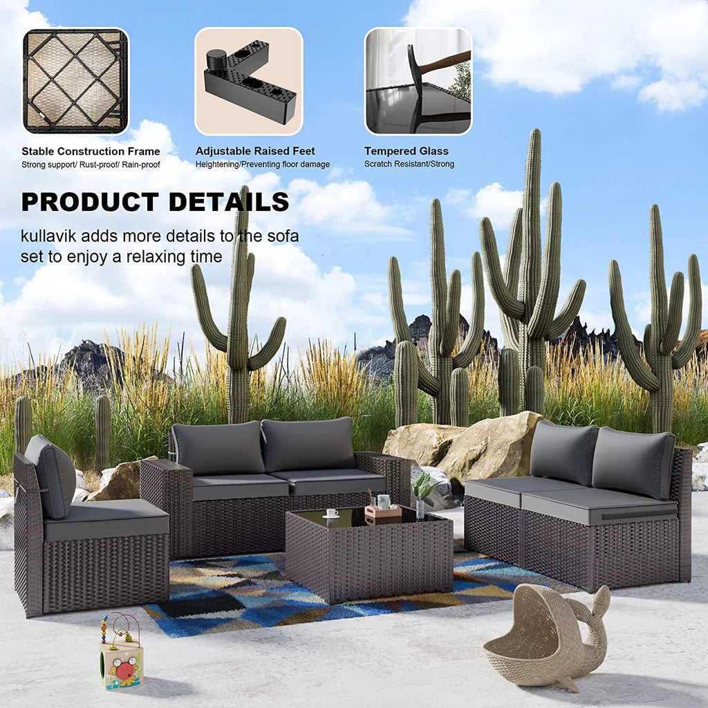 Brown 6 Pieces PE Rattan Wicker Sectional Sofa Set with Navy Blue Cushions and Tempered Glass Table V319402