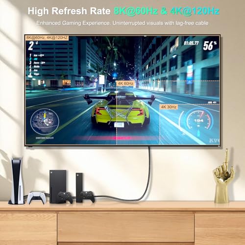 8K HDMI 2.1 Cable 20 ft, 48Gbps Ultra High Speed, 4K 240Hz, 8K 60Hz, HDR10+, eARC, Braided A823
