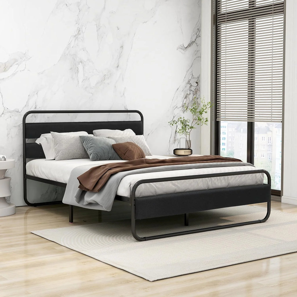 Queen Size Metal Platform Bed Frame with Upholstered Headboard Y66964