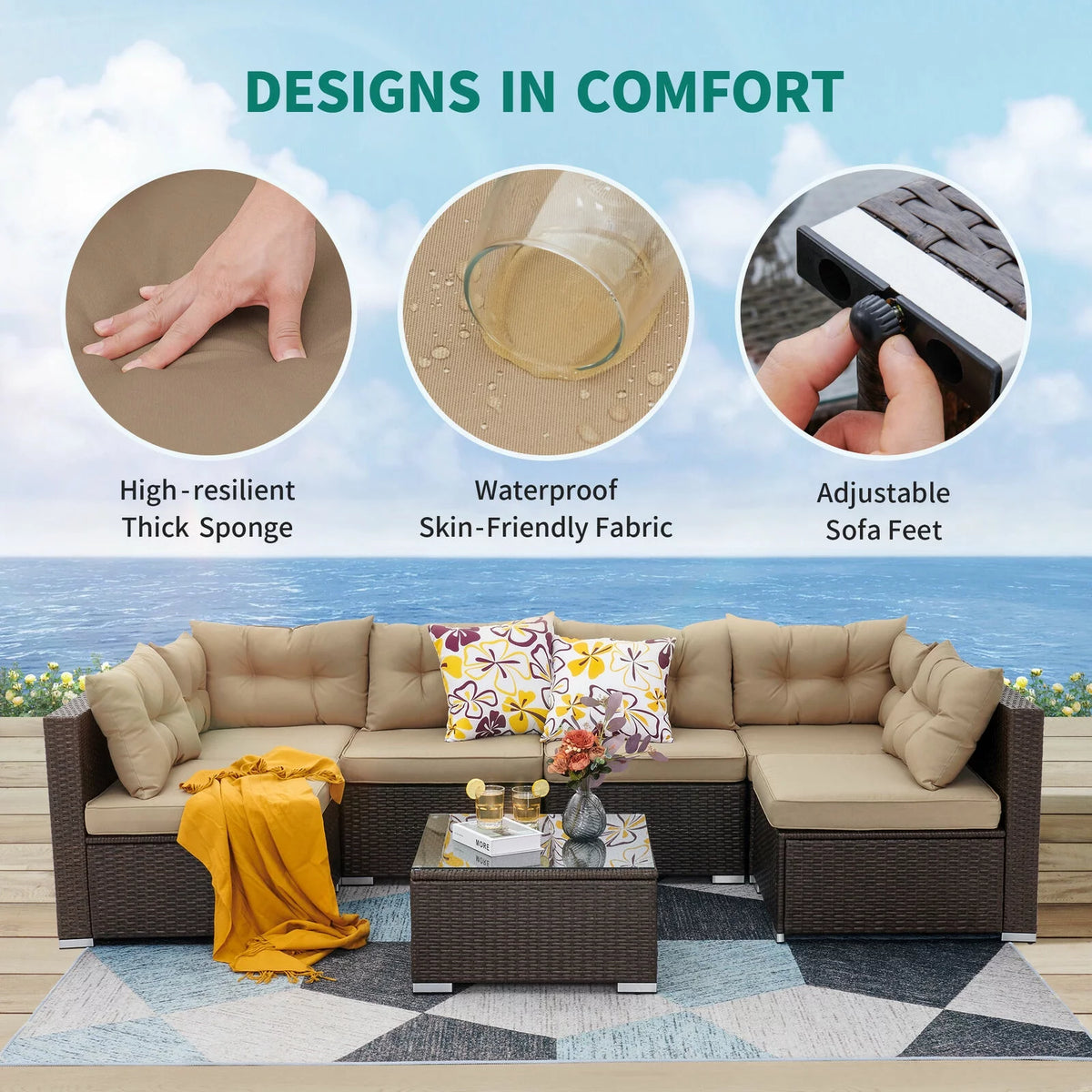 7-Piece Brown PE Rattan Patio Conversation Set D4832