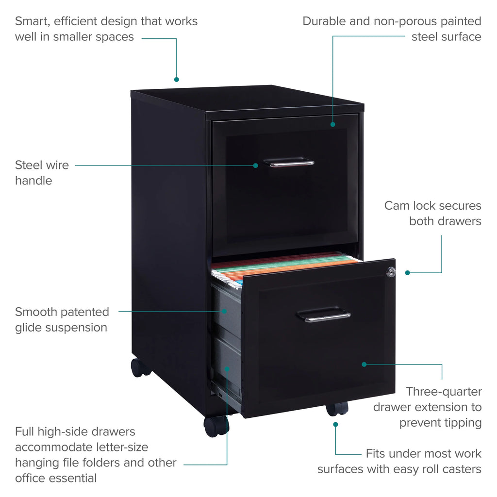 18" Deep 2 Drawer Mobile Vertical File Cabinet, Black L382