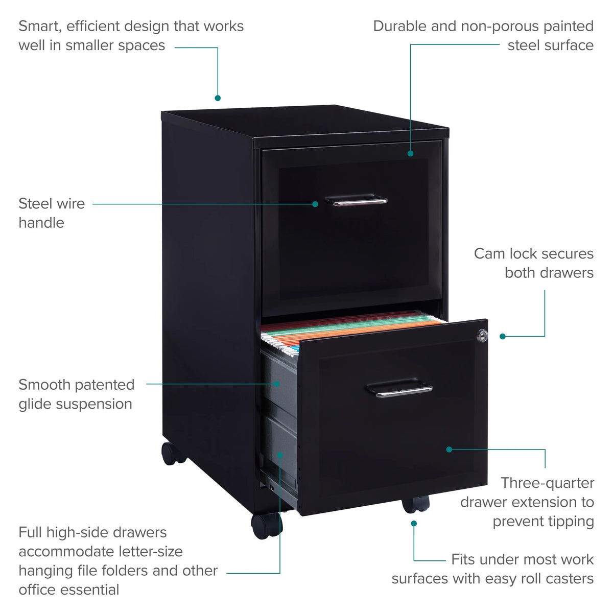 18" Deep 2 Drawer Mobile Vertical File Cabinet, Black L382