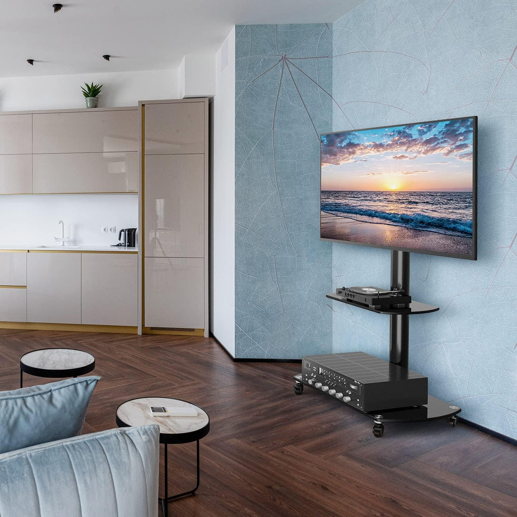 Rolling TV Cart Mobile TV Stand with Lockable Caster Wheels and Tempered Glass Shelves B5544