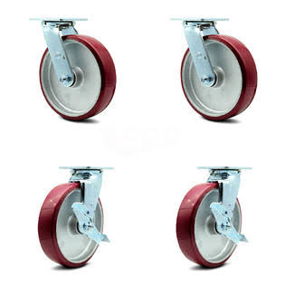 8 inch Poly on Aluminum Swivel Caster Set with Roller Bearings 2 Brakes Z115616