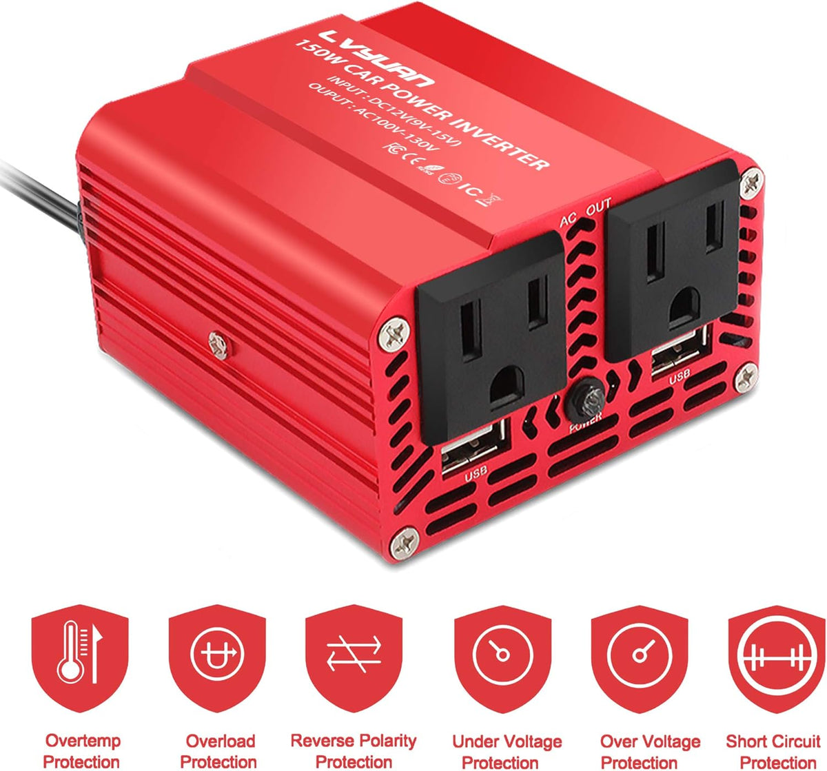 150W Car Power Inverter 12V to 110V AC with Dual USB L10290