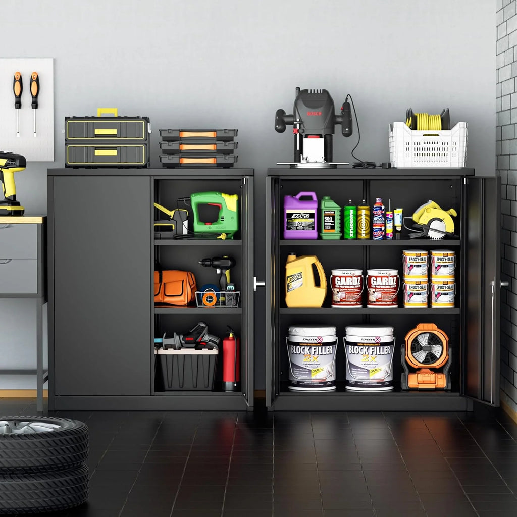 42 In Black Metal Storage Cabinet with Locking Doors and 2 Adjustable Shelves A600