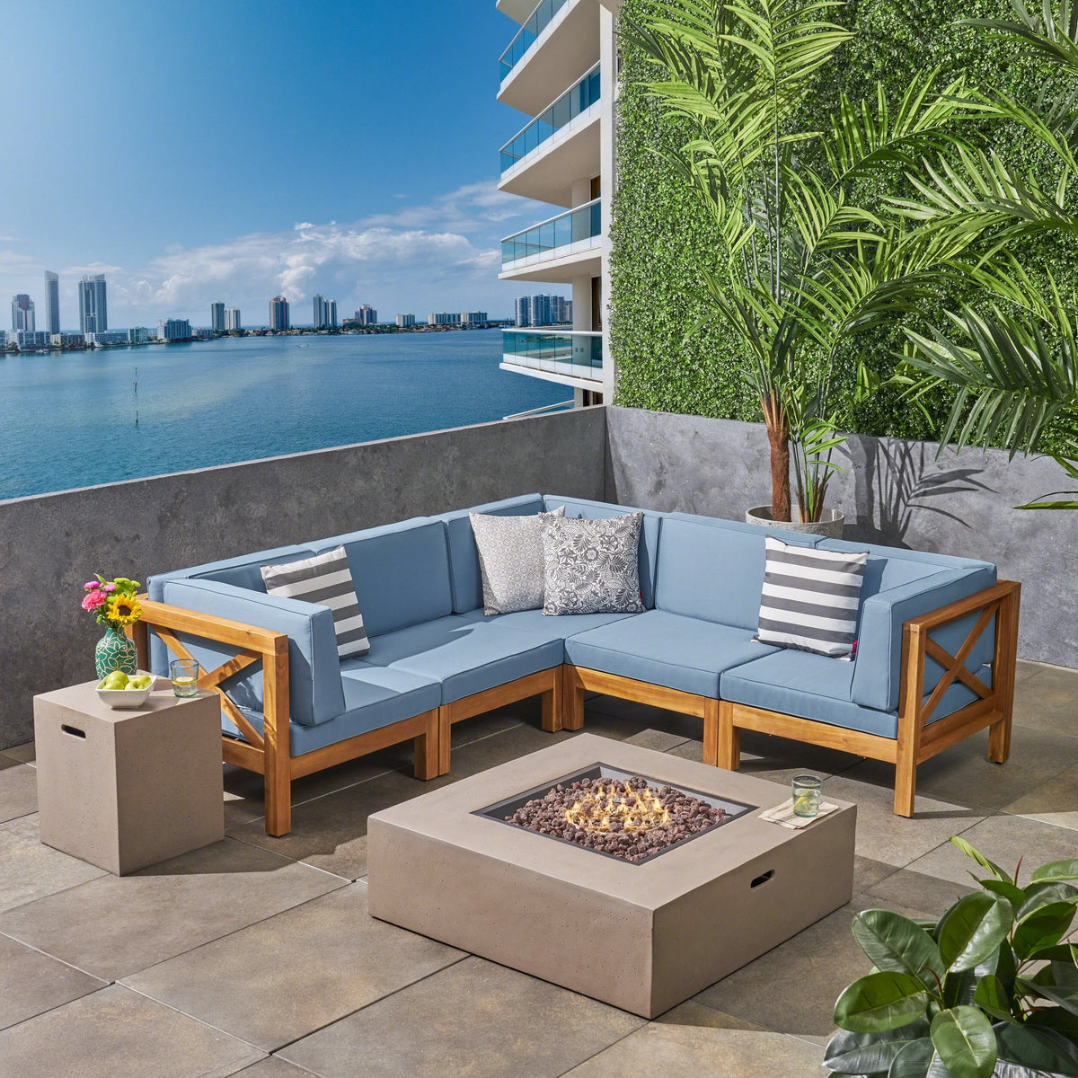 7 Piece Acacia Wood Sectional Sofa Set with Cushions and Fire Pit C460