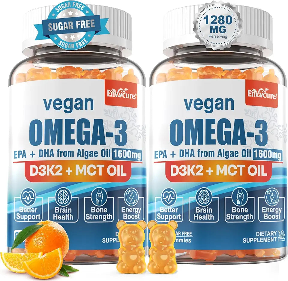 Vegan Omega 3 Gummies 1280mg with Vitamin D3 K2, Algae EPA DHA, Sugar Free, 2 Pack C53288