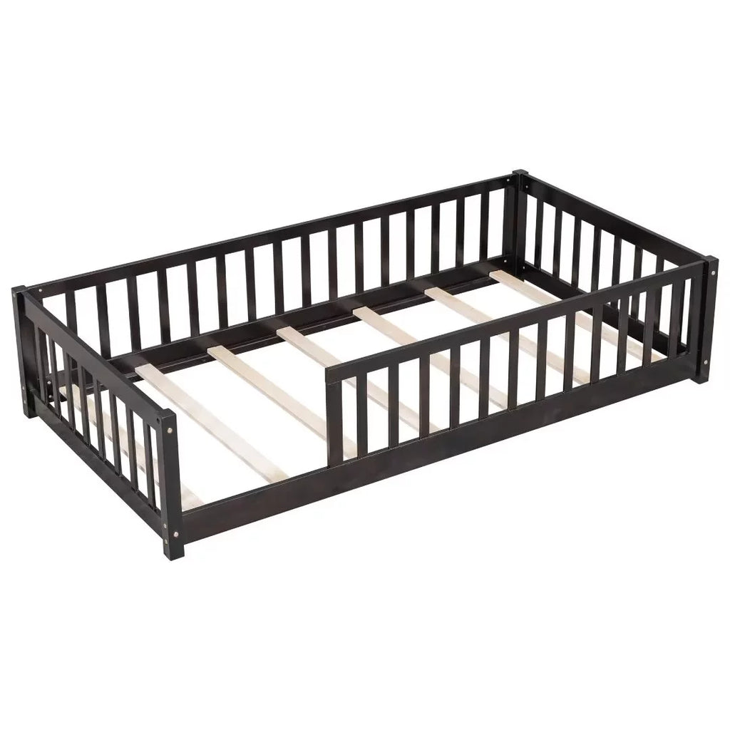 White Full Size Floor Bed with Fence Guardrails and Roof I933509